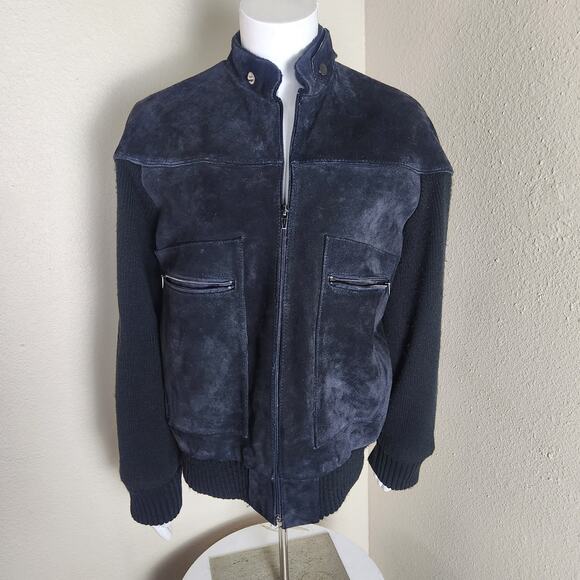 Vintage Outdoor Exchange Black 100% Leather Suede & Knit Bomber Jacket, Medium - Picture 2 of 12